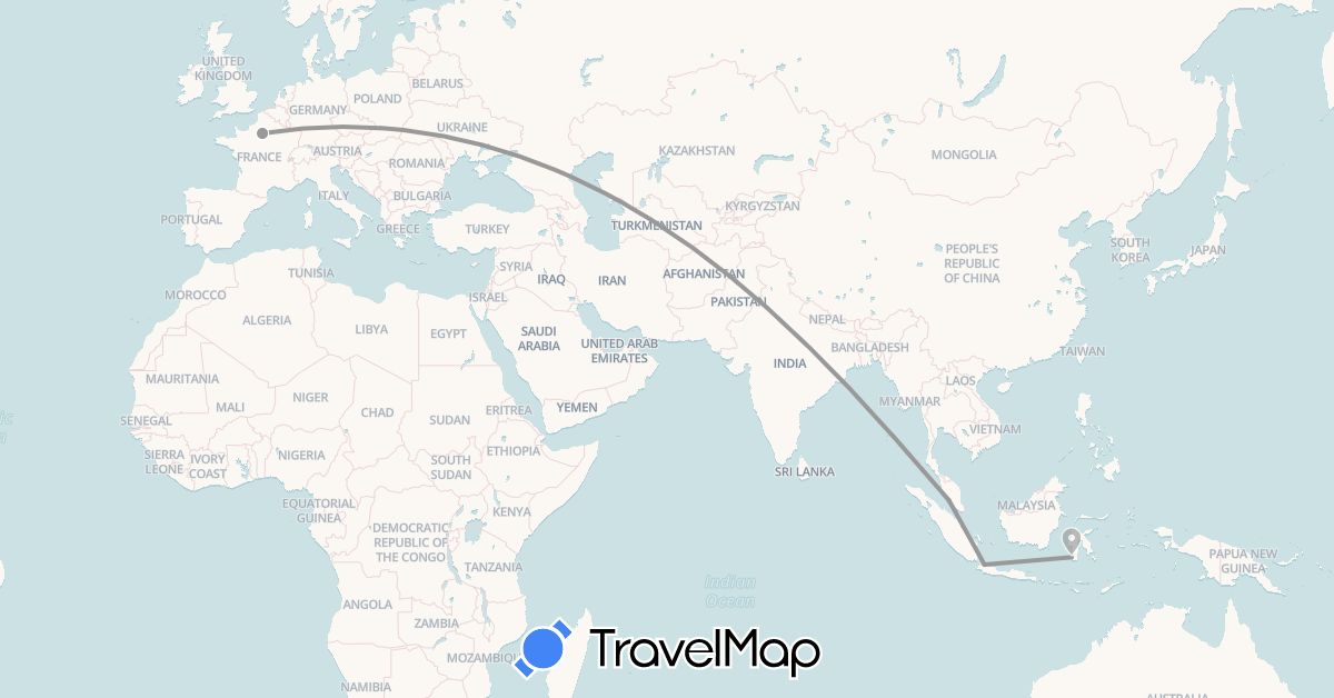 TravelMap itinerary: plane in France, Indonesia, Malaysia (Asia, Europe)